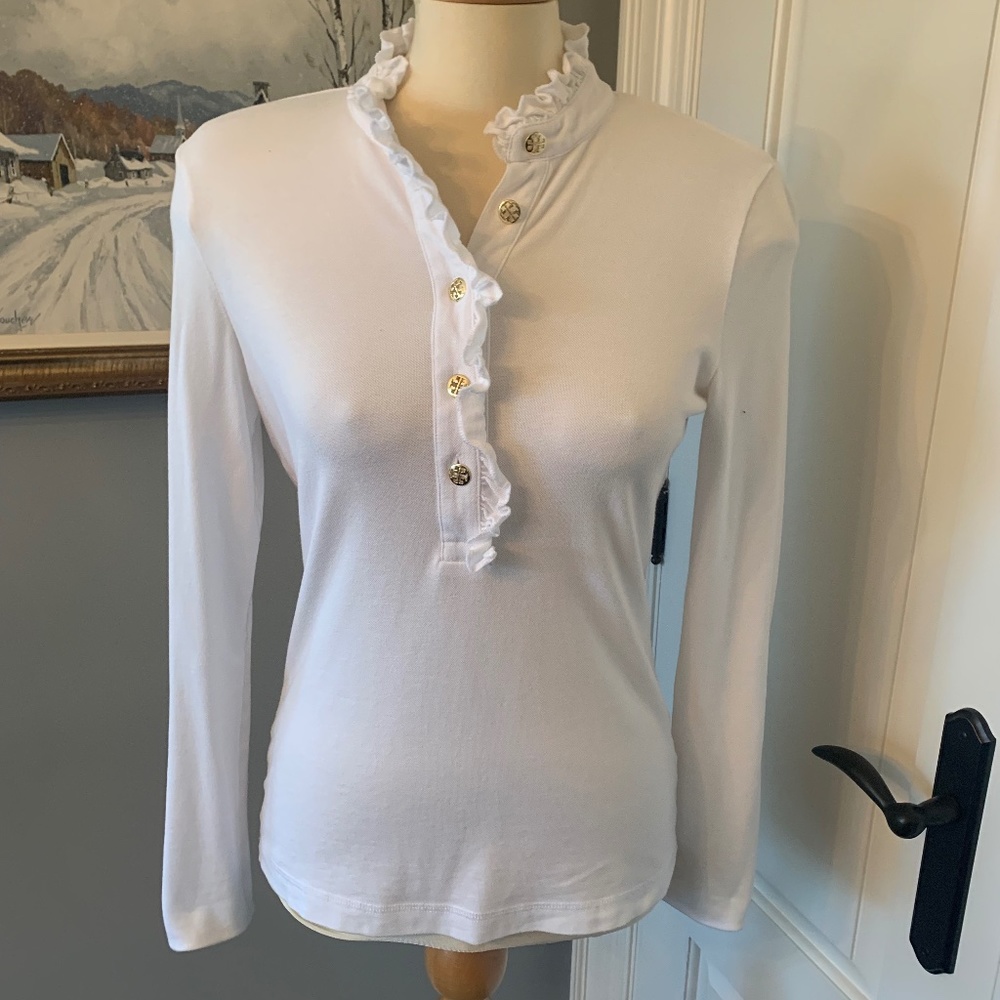 Tory Burch Lidia long sleeves ruffle polo top size medium